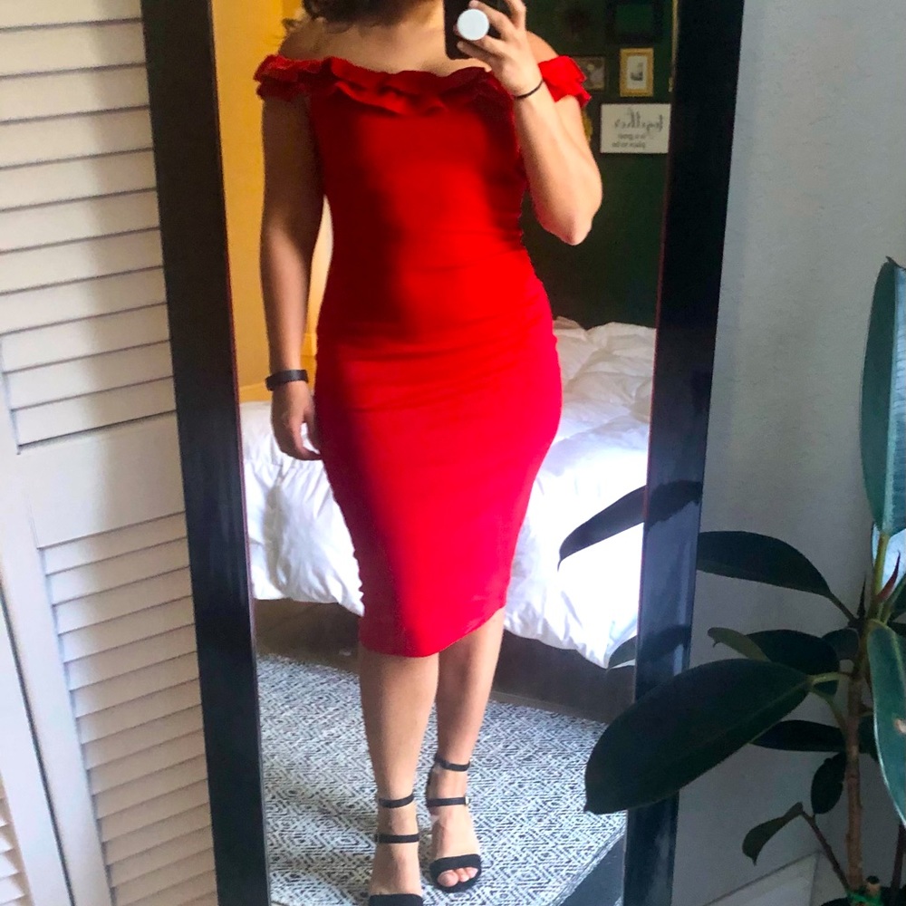Red Zara Trafaluc Ruffle Off The Shoulder Dress